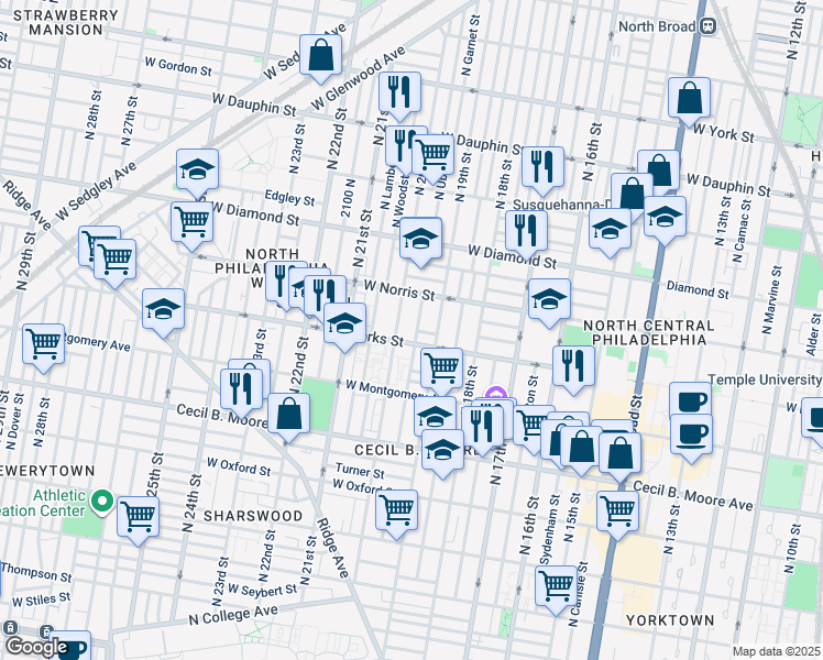 map of restaurants, bars, coffee shops, grocery stores, and more near 1914 North Uber Street in Philadelphia