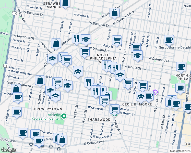 map of restaurants, bars, coffee shops, grocery stores, and more near 1849 North Bucknell Street in Philadelphia