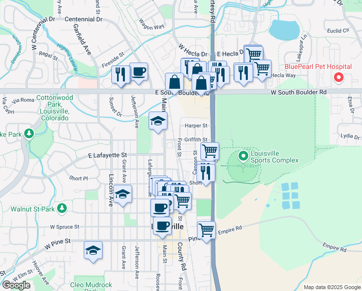 map of restaurants, bars, coffee shops, grocery stores, and more near 1004 Maria Lane in Louisville