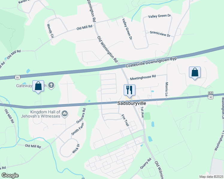 map of restaurants, bars, coffee shops, grocery stores, and more near 215 Jamie Lane in Parkesburg