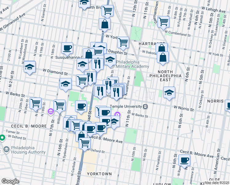 map of restaurants, bars, coffee shops, grocery stores, and more near 2001 North 13th Street in Philadelphia