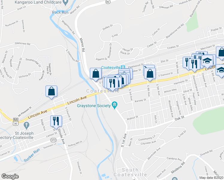 map of restaurants, bars, coffee shops, grocery stores, and more near 134 West Lincoln Highway in Coatesville