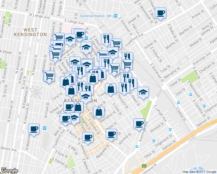 map of restaurants, bars, coffee shops, grocery stores, and more near 2141 East Sergeant Street in Philadelphia
