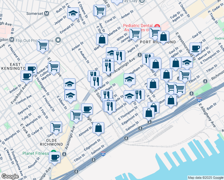 map of restaurants, bars, coffee shops, grocery stores, and more near 2430 East Cambria Street in Philadelphia