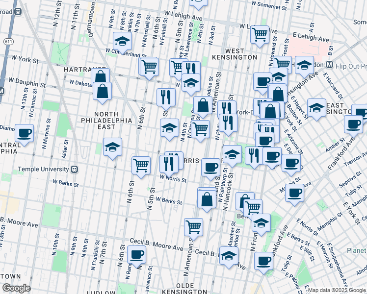 map of restaurants, bars, coffee shops, grocery stores, and more near 2123 North 4th Street in Philadelphia
