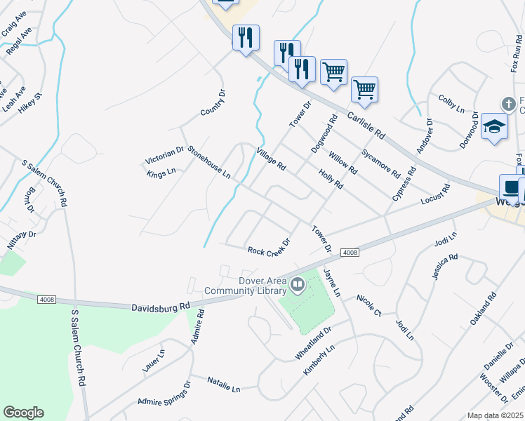 map of restaurants, bars, coffee shops, grocery stores, and more near 3601 Wyngate Road in Dover