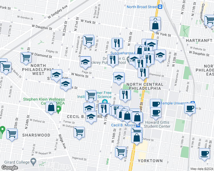 map of restaurants, bars, coffee shops, grocery stores, and more near 1710 Arlington Street in Philadelphia