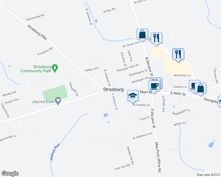 map of restaurants, bars, coffee shops, grocery stores, and more near 16 North Jackson Street in Strasburg