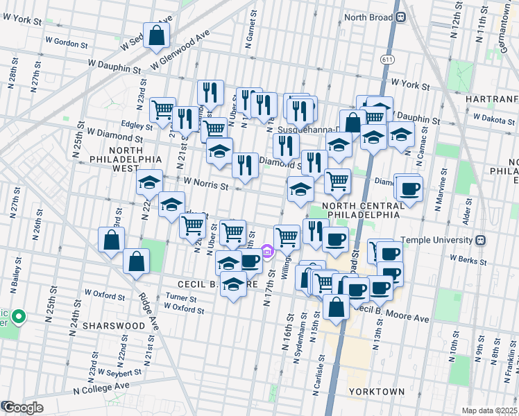 map of restaurants, bars, coffee shops, grocery stores, and more near 1929 North 18th Street in Philadelphia