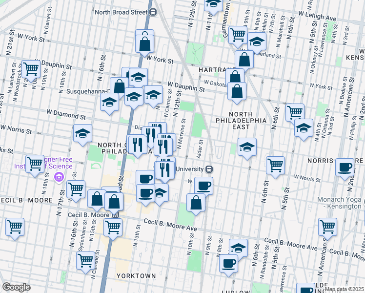 map of restaurants, bars, coffee shops, grocery stores, and more near 2027 North Marvine Street in Philadelphia