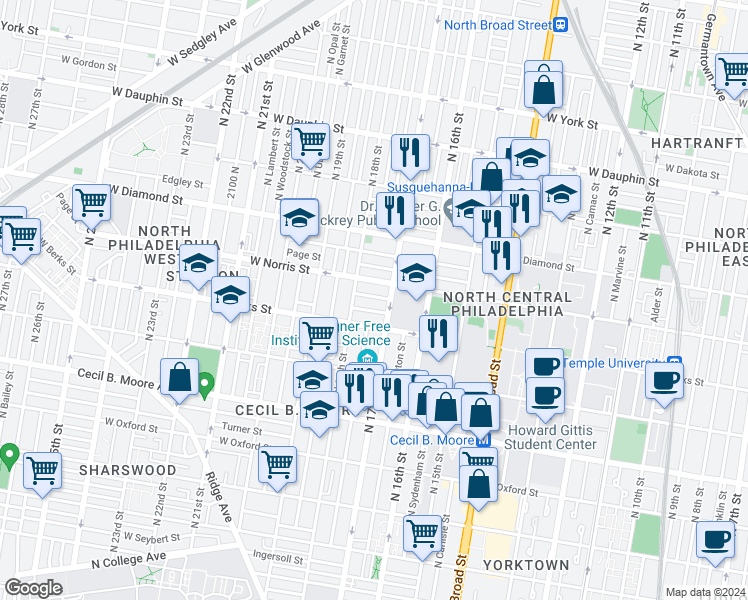 map of restaurants, bars, coffee shops, grocery stores, and more near 1712 Arlington Street in Philadelphia