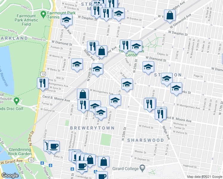 map of restaurants, bars, coffee shops, grocery stores, and more near 1816 North Taney Street in Philadelphia
