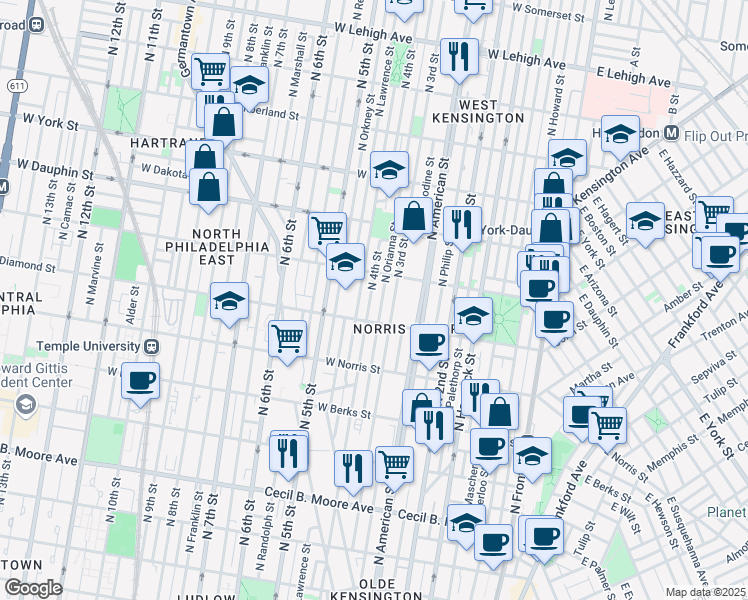 map of restaurants, bars, coffee shops, grocery stores, and more near 2123 North 4th Street in Philadelphia