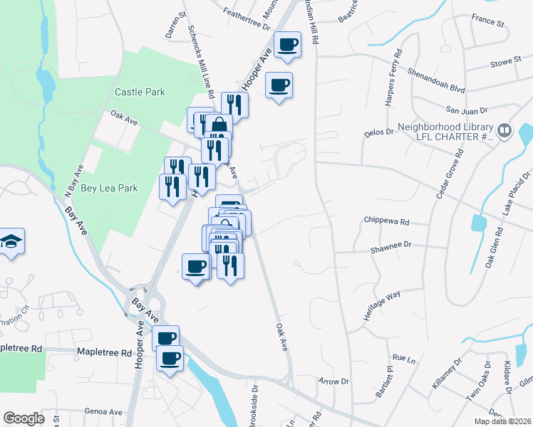 map of restaurants, bars, coffee shops, grocery stores, and more near 923 Oak Avenue in Toms River