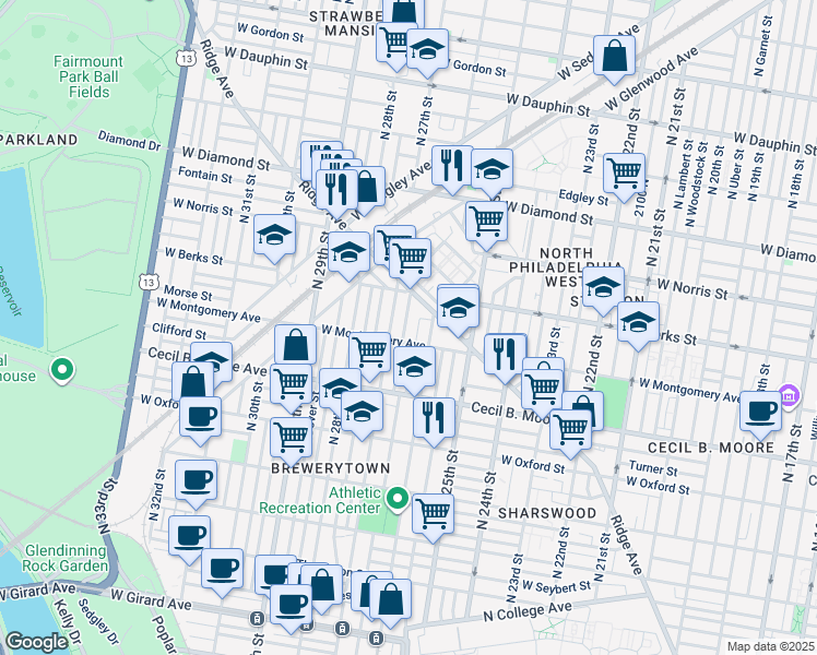 map of restaurants, bars, coffee shops, grocery stores, and more near 1817 North Taney Street in Philadelphia