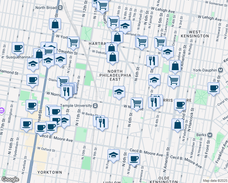 map of restaurants, bars, coffee shops, grocery stores, and more near 2123 North 8th Street in Philadelphia