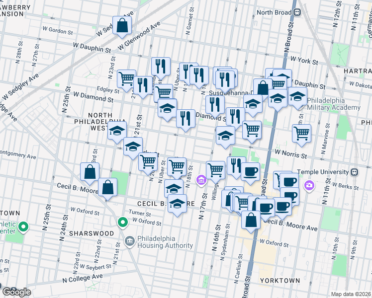 map of restaurants, bars, coffee shops, grocery stores, and more near 1927 North Gratz Street in Philadelphia