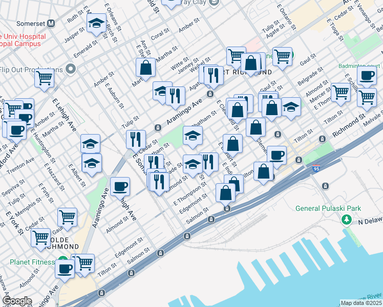 map of restaurants, bars, coffee shops, grocery stores, and more near 2957 Gaul Street in Philadelphia