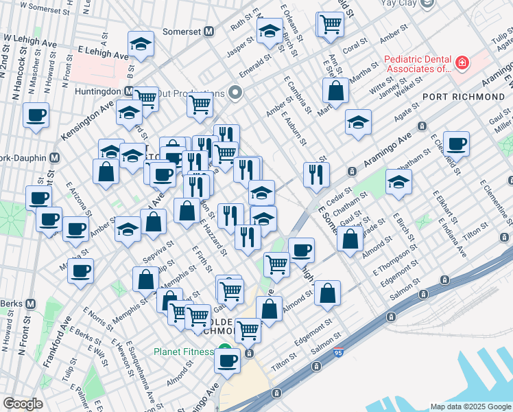 map of restaurants, bars, coffee shops, grocery stores, and more near 2186 East Lehigh Avenue in Philadelphia