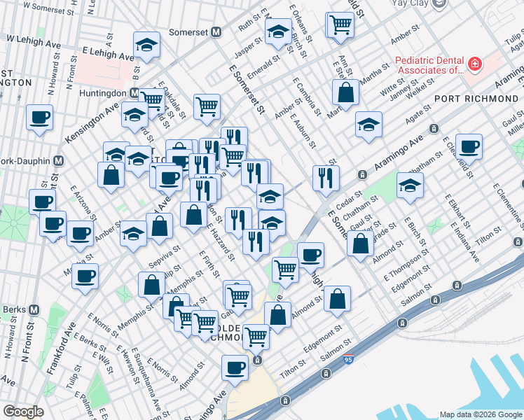 map of restaurants, bars, coffee shops, grocery stores, and more near 2186 East Lehigh Avenue in Philadelphia
