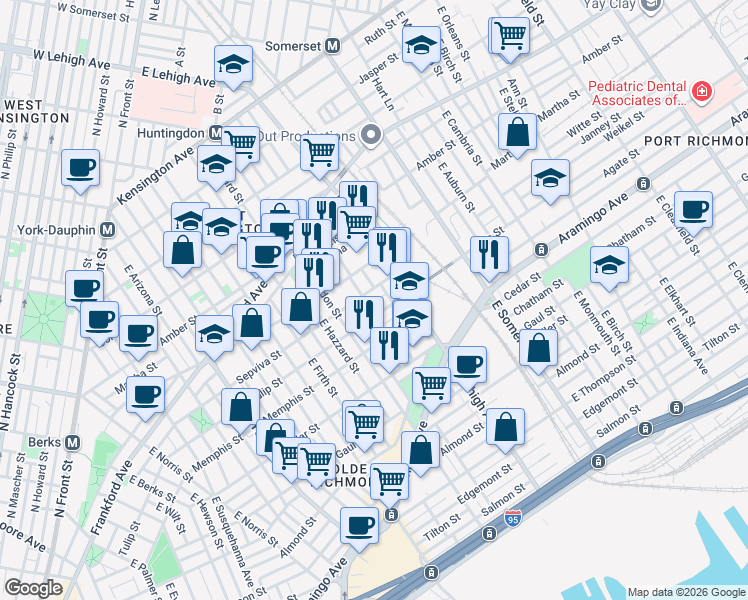 map of restaurants, bars, coffee shops, grocery stores, and more near 2186 East Lehigh Avenue in Philadelphia