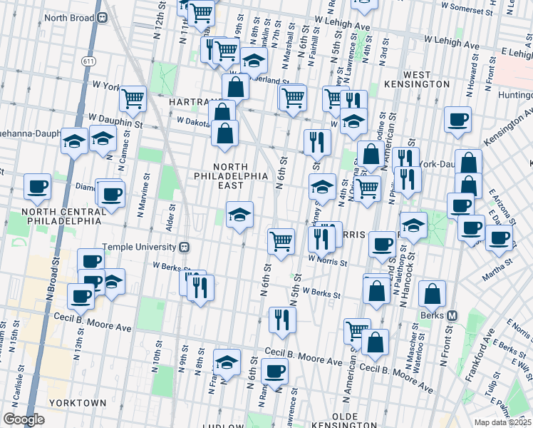 map of restaurants, bars, coffee shops, grocery stores, and more near 613 Diamond Street in Philadelphia