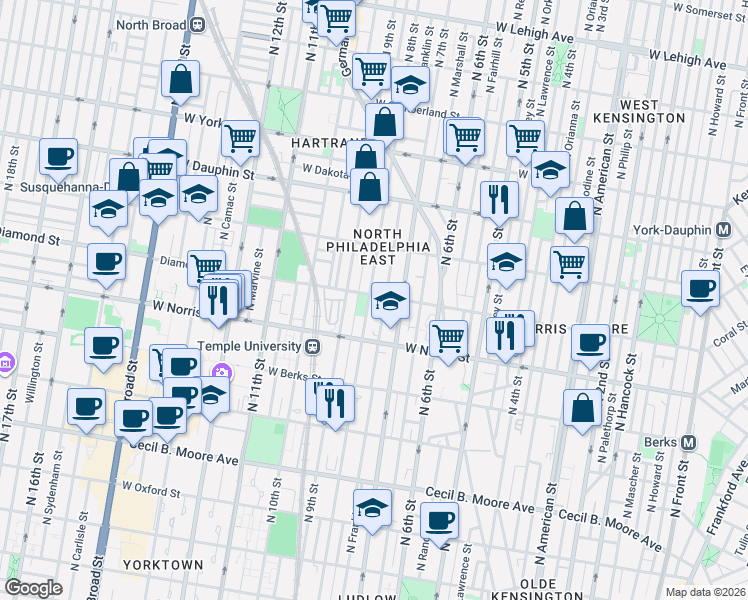 map of restaurants, bars, coffee shops, grocery stores, and more near 2123 North 8th Street in Philadelphia