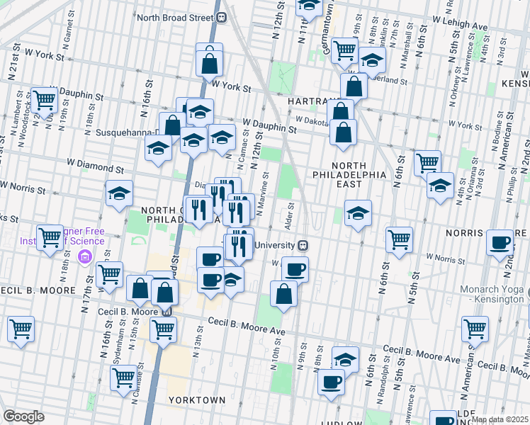 map of restaurants, bars, coffee shops, grocery stores, and more near 1100 Diamond Street in Philadelphia