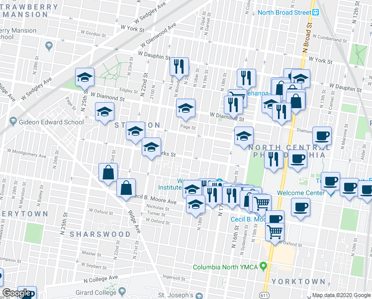map of restaurants, bars, coffee shops, grocery stores, and more near 1900 West Norris Street in Philadelphia