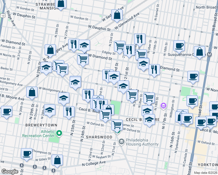 map of restaurants, bars, coffee shops, grocery stores, and more near 1914 North Croskey Street in Philadelphia