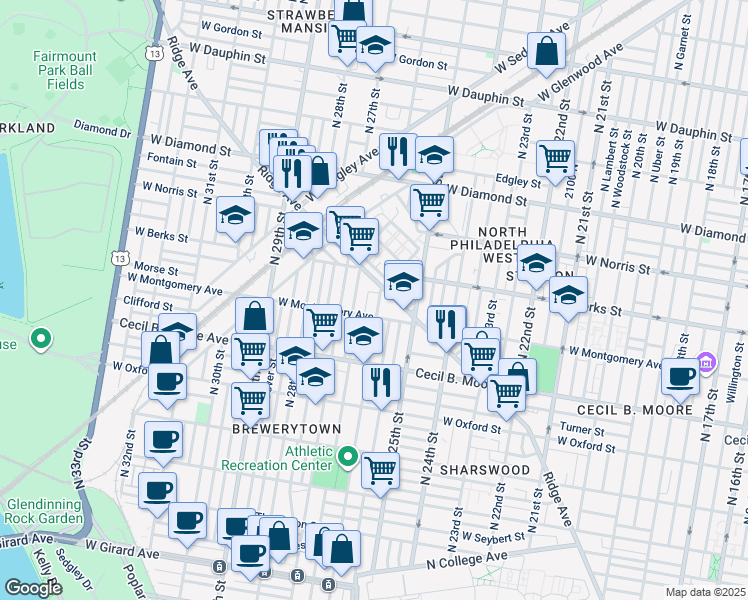 map of restaurants, bars, coffee shops, grocery stores, and more near 1822 North 26th Street in Philadelphia
