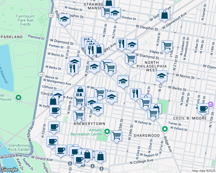 map of restaurants, bars, coffee shops, grocery stores, and more near 1816 North Taney Street in Philadelphia
