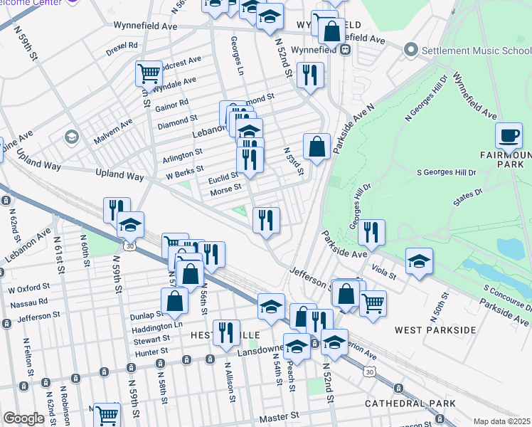 map of restaurants, bars, coffee shops, grocery stores, and more near 5392 West Montgomery Avenue in Philadelphia