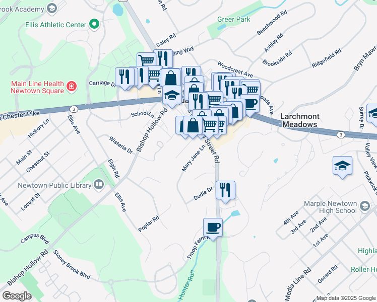 map of restaurants, bars, coffee shops, grocery stores, and more near 17 Reese Avenue in Newtown Square