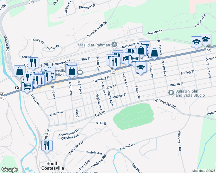 map of restaurants, bars, coffee shops, grocery stores, and more near 24 Pennsylvania Avenue in Coatesville
