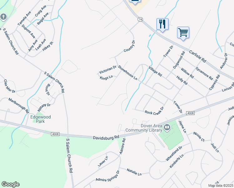 map of restaurants, bars, coffee shops, grocery stores, and more near 2634 Brownstone Drive in Dover