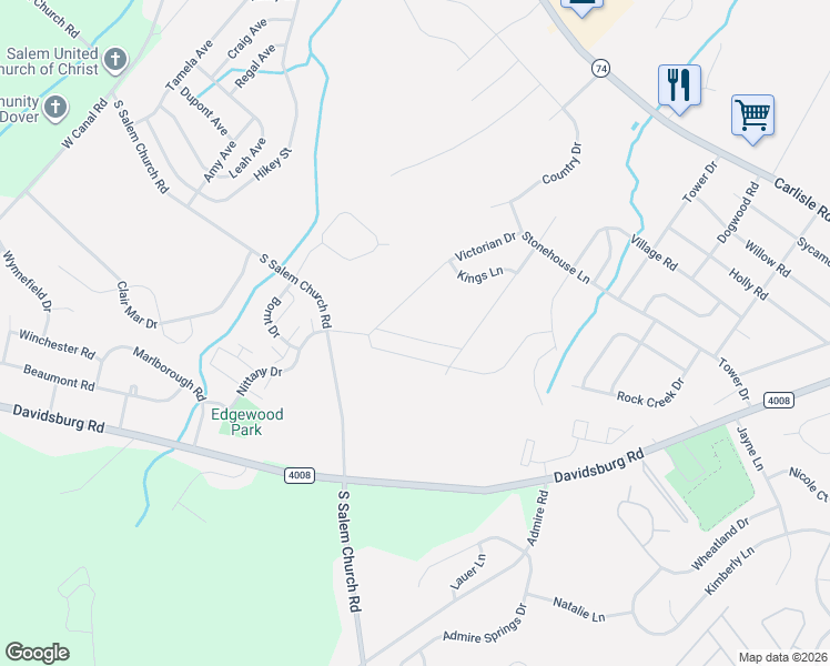 map of restaurants, bars, coffee shops, grocery stores, and more near 3844 Kings Lane in Dover