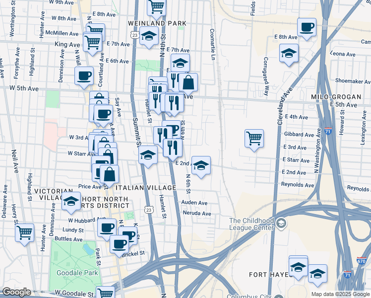 map of restaurants, bars, coffee shops, grocery stores, and more near 244 East 3rd Avenue in Columbus