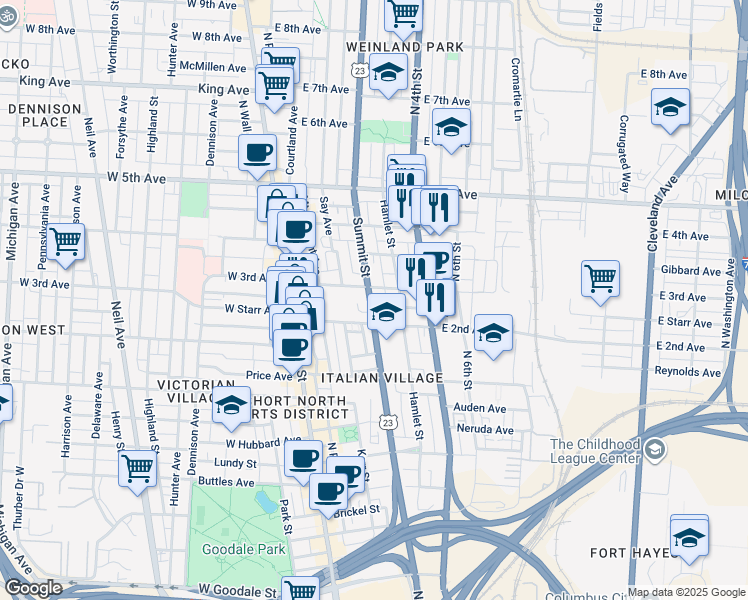 map of restaurants, bars, coffee shops, grocery stores, and more near 136 East 3rd Avenue in Columbus