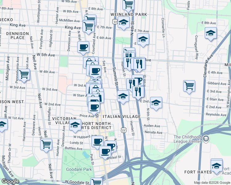 map of restaurants, bars, coffee shops, grocery stores, and more near 136 East 3rd Avenue in Columbus