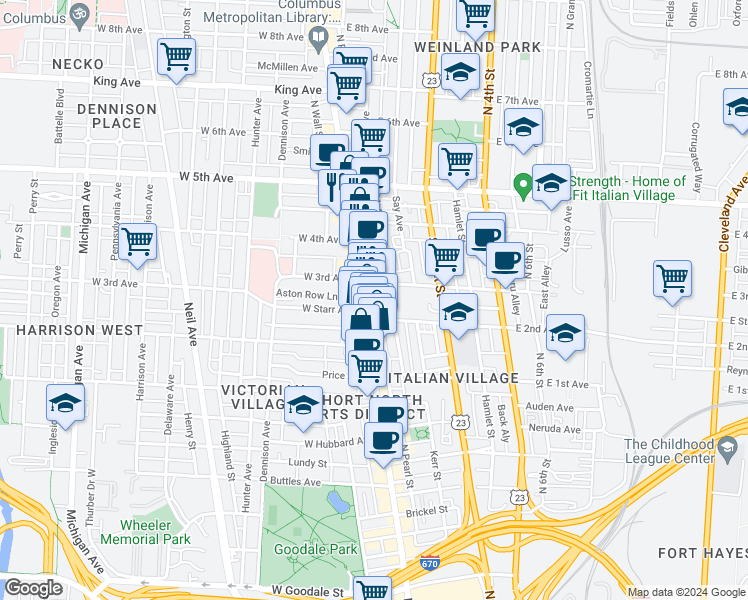 map of restaurants, bars, coffee shops, grocery stores, and more near 24 East 3rd Avenue in Columbus