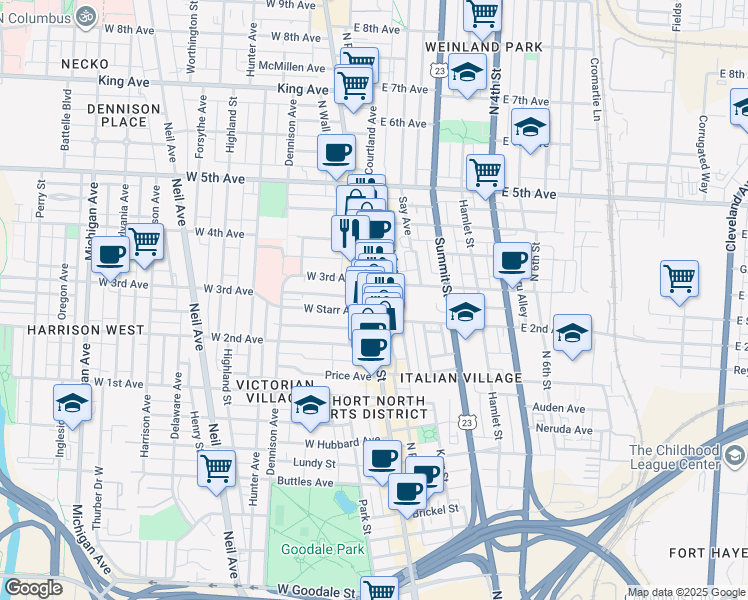 map of restaurants, bars, coffee shops, grocery stores, and more near 24 East 3rd Avenue in Columbus