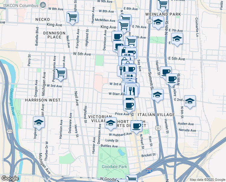 map of restaurants, bars, coffee shops, grocery stores, and more near 69 West 3rd Avenue in Columbus