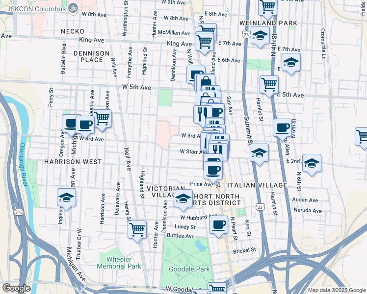 map of restaurants, bars, coffee shops, grocery stores, and more near 69 West 3rd Avenue in Columbus