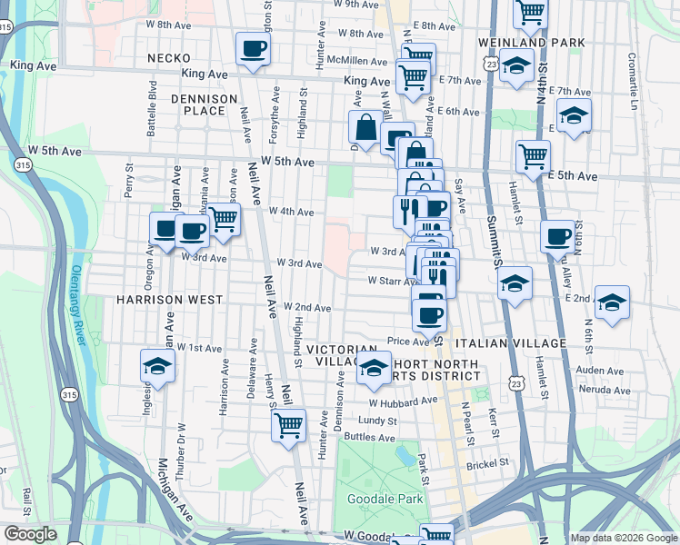 map of restaurants, bars, coffee shops, grocery stores, and more near 1087 Dennison Avenue in Columbus