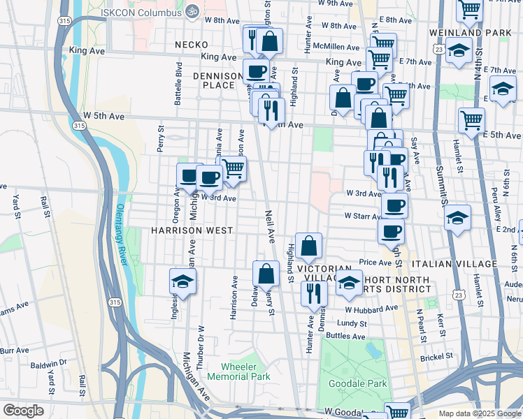 map of restaurants, bars, coffee shops, grocery stores, and more near 1103 Neil Avenue in Columbus