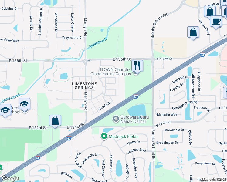 map of restaurants, bars, coffee shops, grocery stores, and more near 12185 Adobe Drive in Fishers