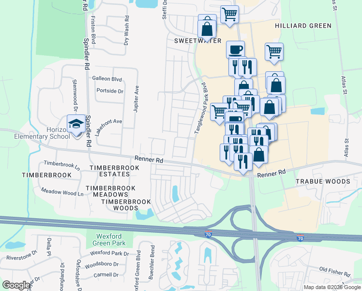 map of restaurants, bars, coffee shops, grocery stores, and more near 5704 Ceylon Drive in Hilliard