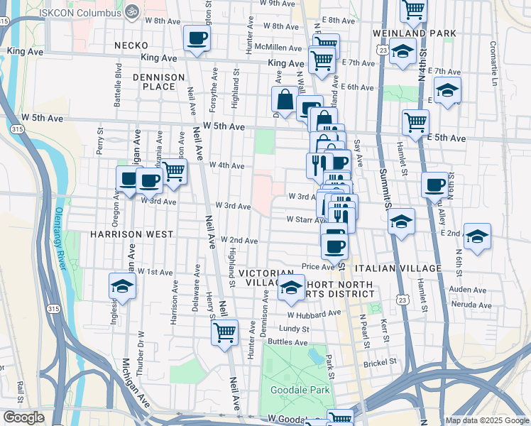 map of restaurants, bars, coffee shops, grocery stores, and more near 1087 Dennison Avenue in Columbus