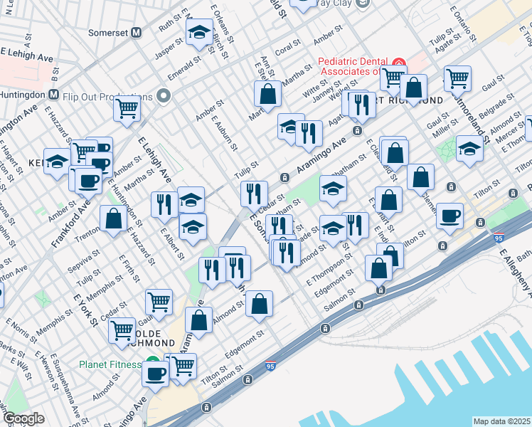 map of restaurants, bars, coffee shops, grocery stores, and more near 2848 Cedar Street in Philadelphia